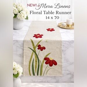 Mera Linens Floral Table Runner Beige Linen Blend Embroidered  14 x 70 in NEW